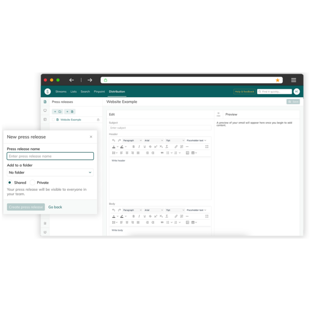 Roxhill distribution tool composing a press release to send to relevant journalists